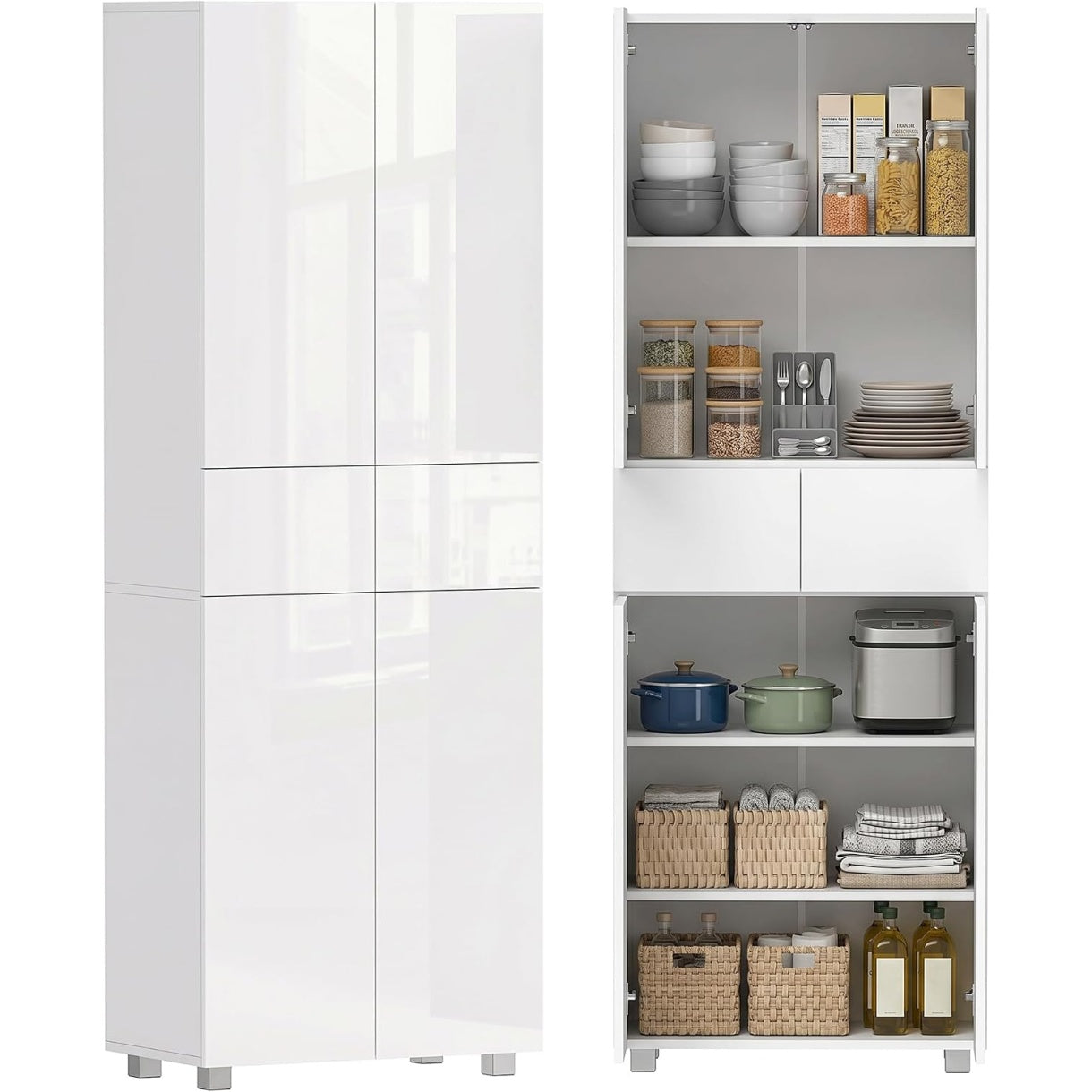 Armoire haute de cuisine blanc laque avec quatre portes a ouverture par pression et deux tiroirs