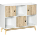 Buffet moderne avec 9 cubes, 3 portes et 3 compartiments ouverts, pieds en bois, blanc et naturel