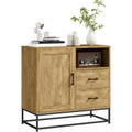 Buffet compact avec 2 tiroirs, niche ouverte et placard a etagere reglable, meuble de rangement en bois naturel