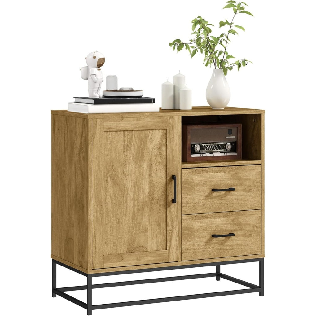 Buffet compact avec 2 tiroirs, niche ouverte et placard a etagere reglable, meuble de rangement en bois naturel