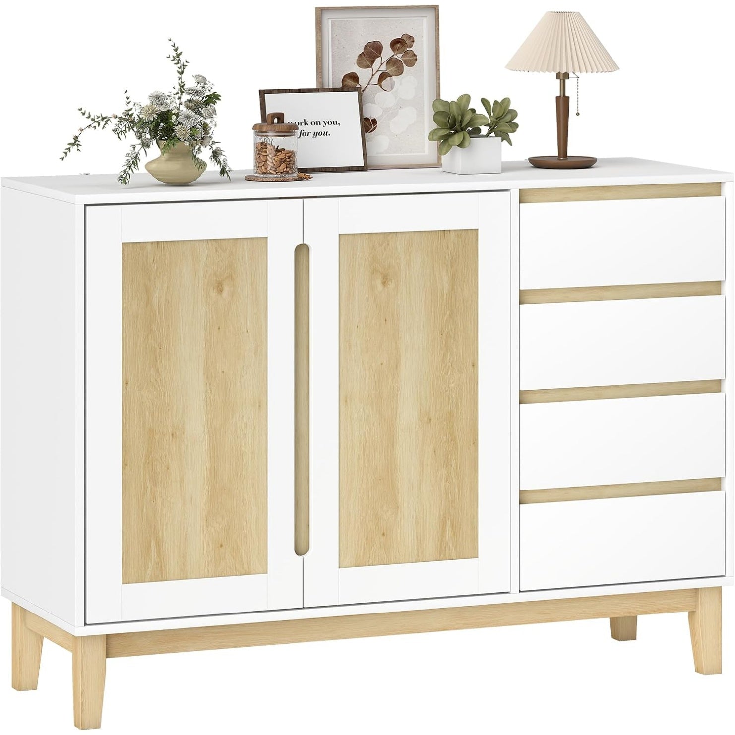 Buffet scandinave avec quatre tiroirs, deux portes et pietement en bois massif