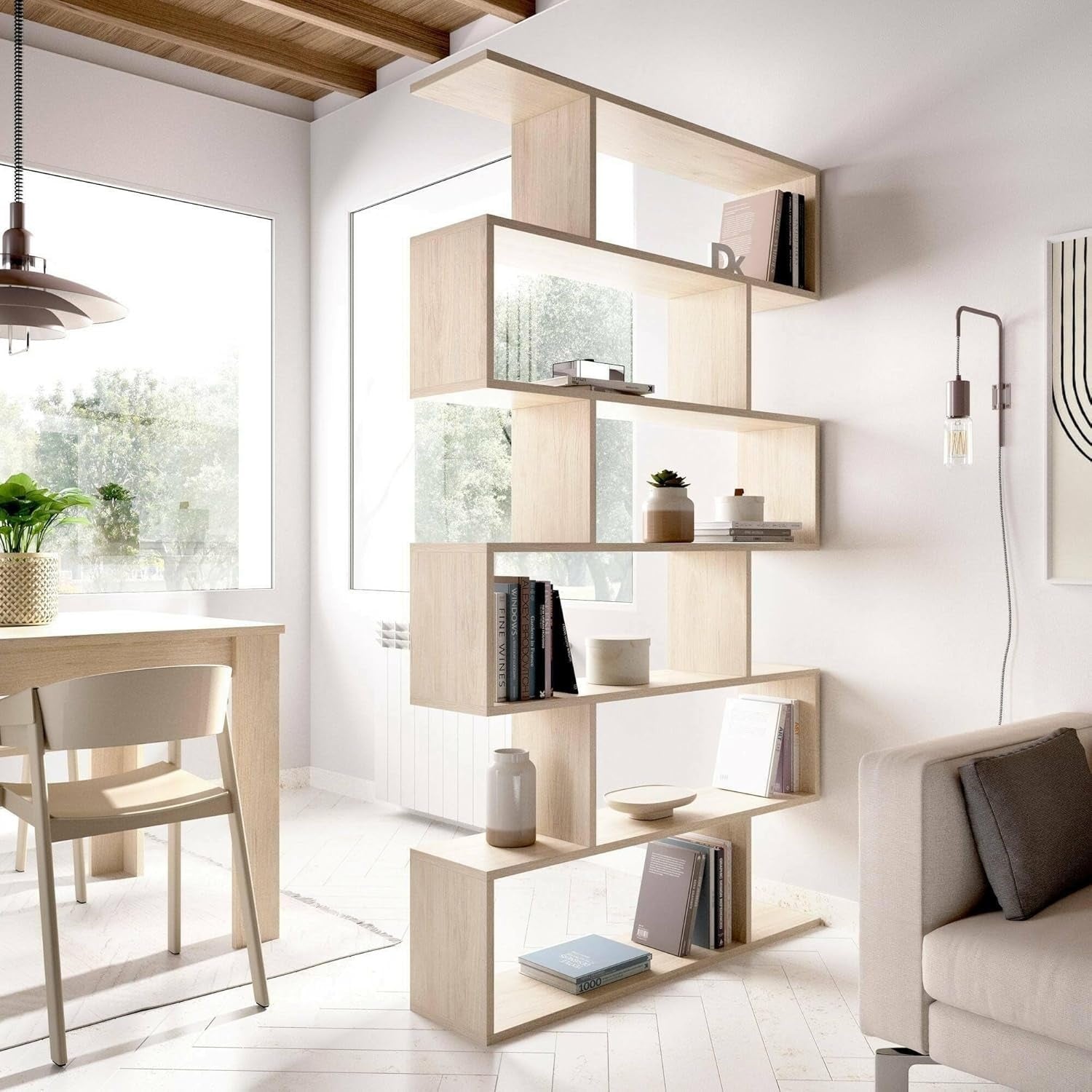 Bibliotheque haute a cinq etageres ouverte pour bureau, salon ou espace de travail en decor ch¨ºne