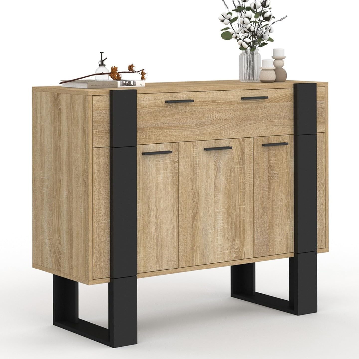 Buffet 100 cm avec 3 portes et 1 tiroir, meuble de rangement bois et noir