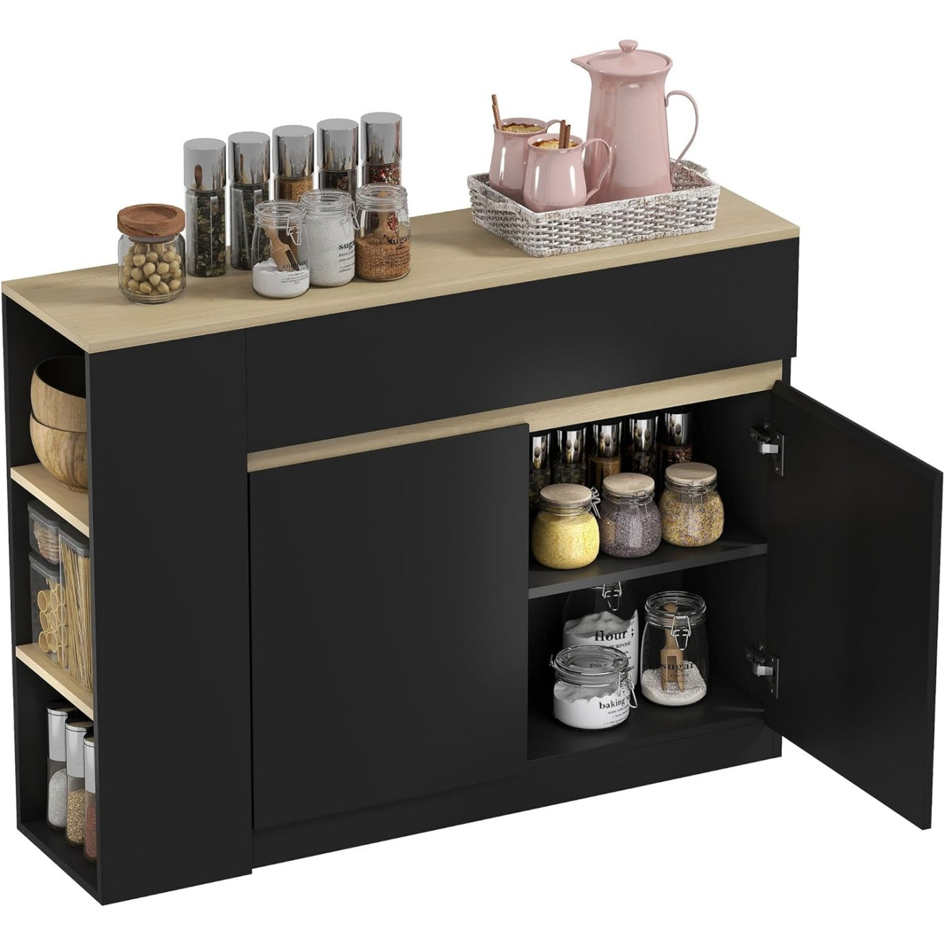 Buffet noir avec deux portes, deux tiroirs, trois etageres ouvertes et tablette reglable