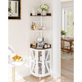 Meuble bar dangle a cinq niveaux avec eclairage LED, porte verres et rangement pour douze bouteilles, structure metal et bois, blanc et chene