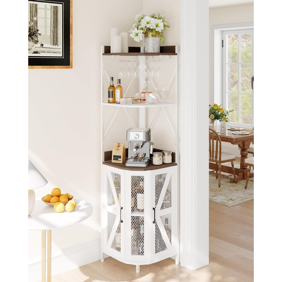 Meuble bar dangle a cinq niveaux avec eclairage LED, porte verres et rangement pour douze bouteilles, structure metal et bois, blanc et chene