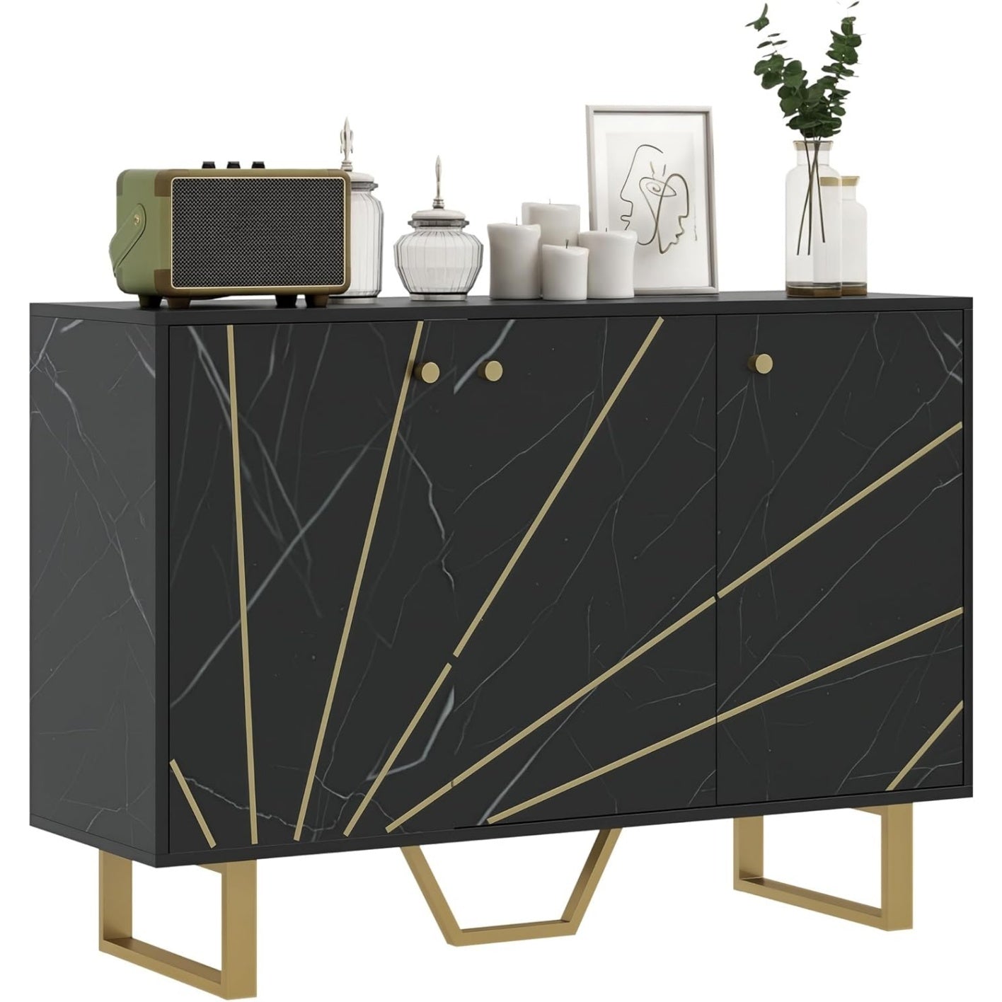 Buffet contemporain aspect marbre noir avec trois portes, deux placards et etagere reglable