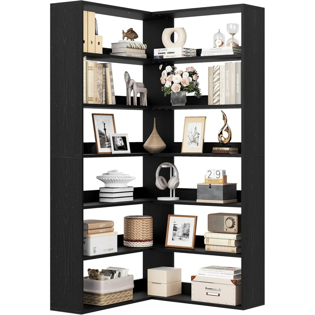 Bibliotheque d'angle en forme de L avec six niveaux de rangement, finition noire