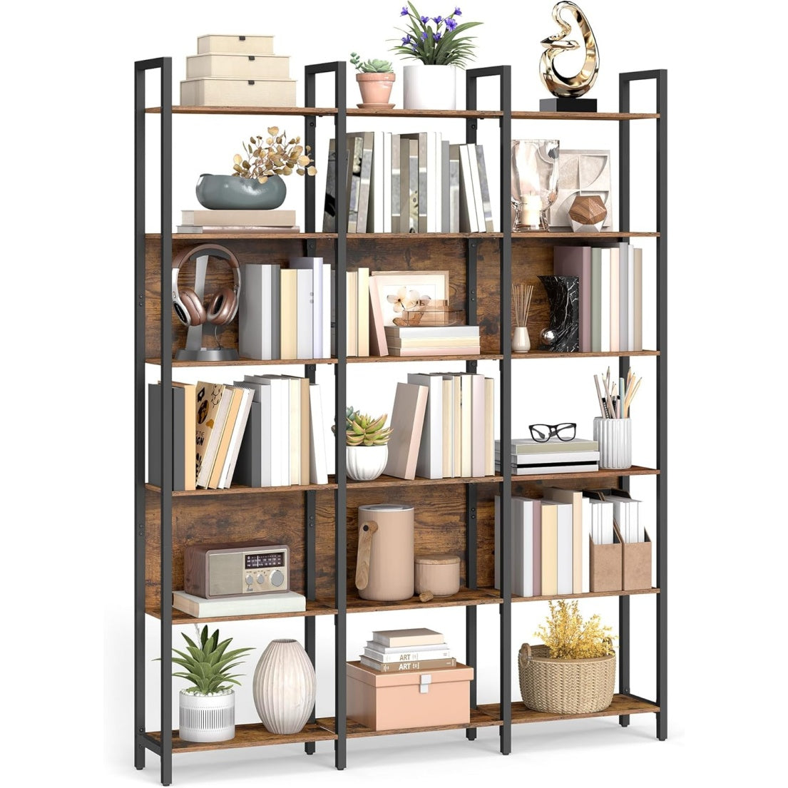 Bibliotheque industrielle 6 niveaux avec grandes etageres ouvertes, meuble de rangement 24 x 128 x 187,1 cm, marron rustique et noir