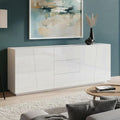Buffet XXL 220 cm avec 4 portes et 3 tiroirs, meuble de rangement brillant pour salle a manger ou salon, blanc