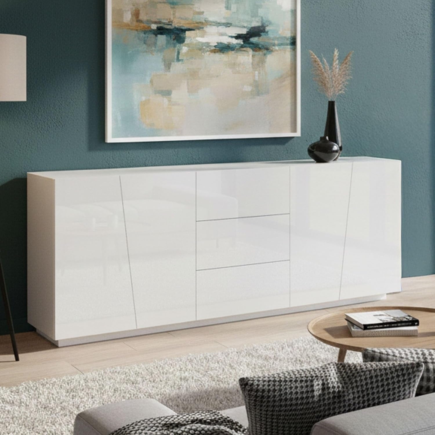 Buffet XXL 220 cm avec 4 portes et 3 tiroirs, meuble de rangement brillant pour salle a manger ou salon, blanc