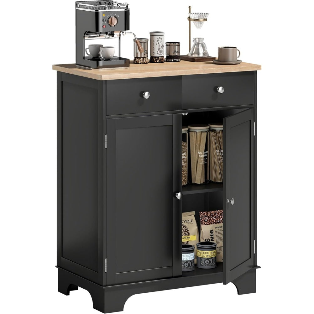 Buffet avec placards, 2 tiroirs et etagere reglable, meuble de rangement pour salon, cuisine ou chambre, noir et bois naturel