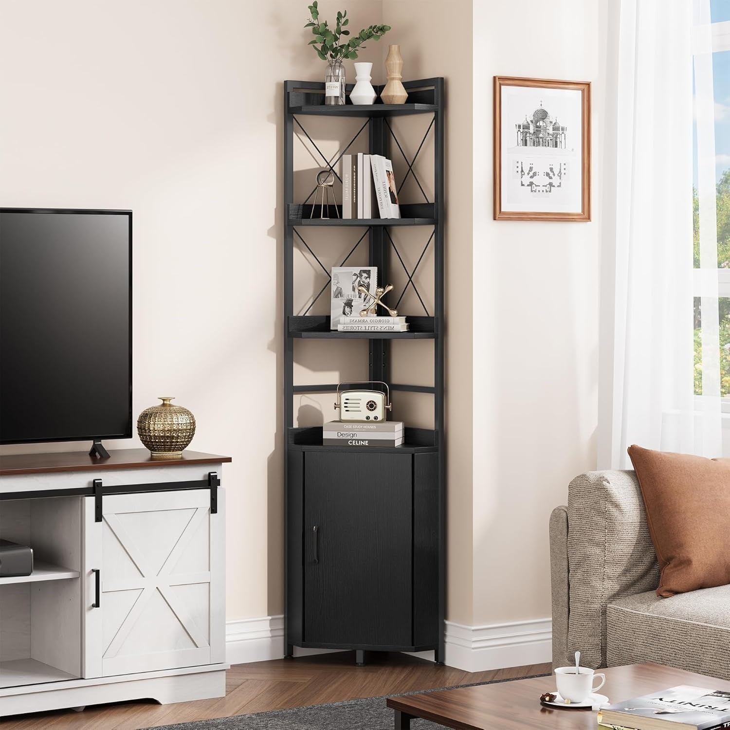 Bibliotheque d'angle industrielle avec armoire integree, etageres ouvertes pour livres et decoration, meuble gain de place noir