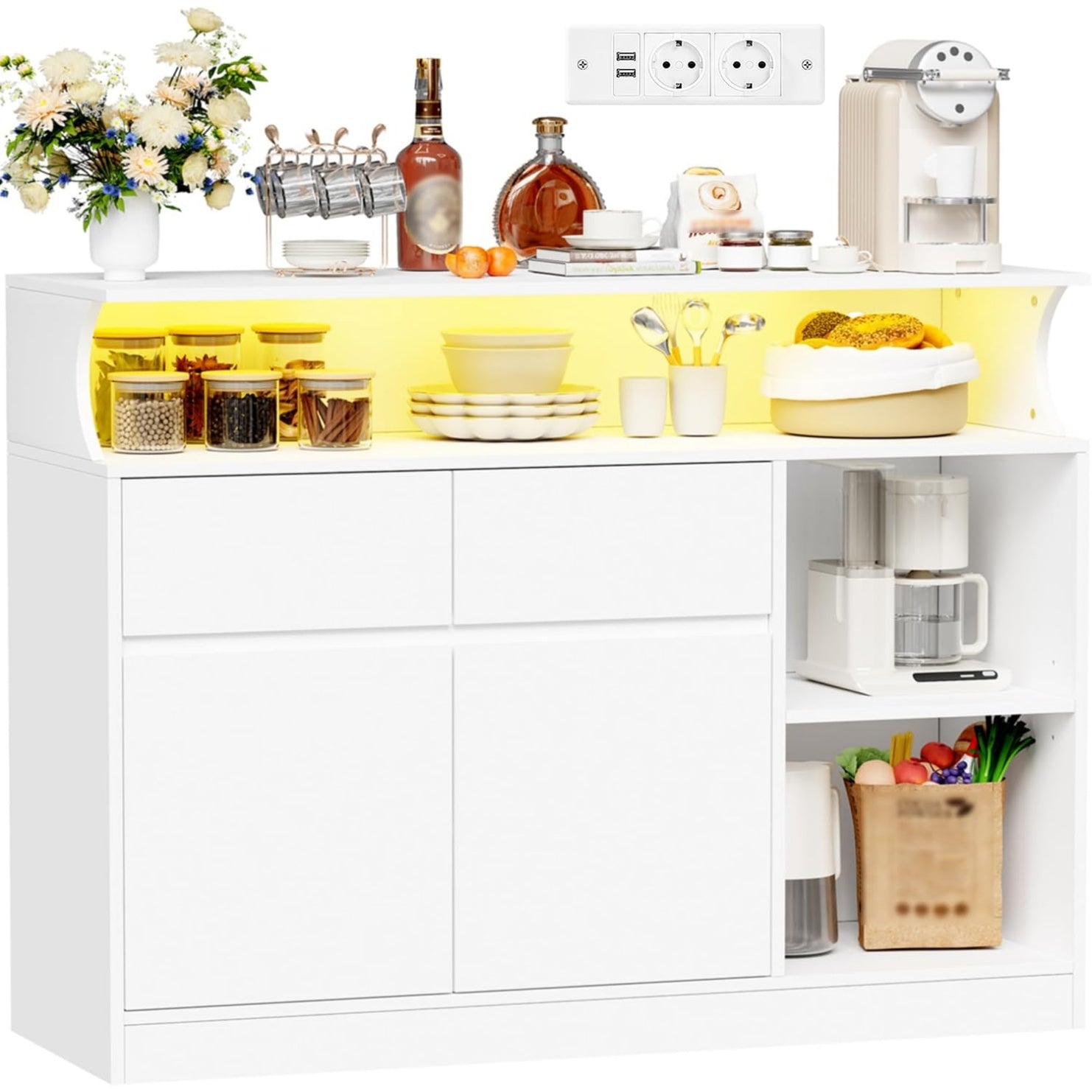 Buffet multifonction blanc avec deux portes, deux tiroirs et niche ouverte pour cuisine ou salon