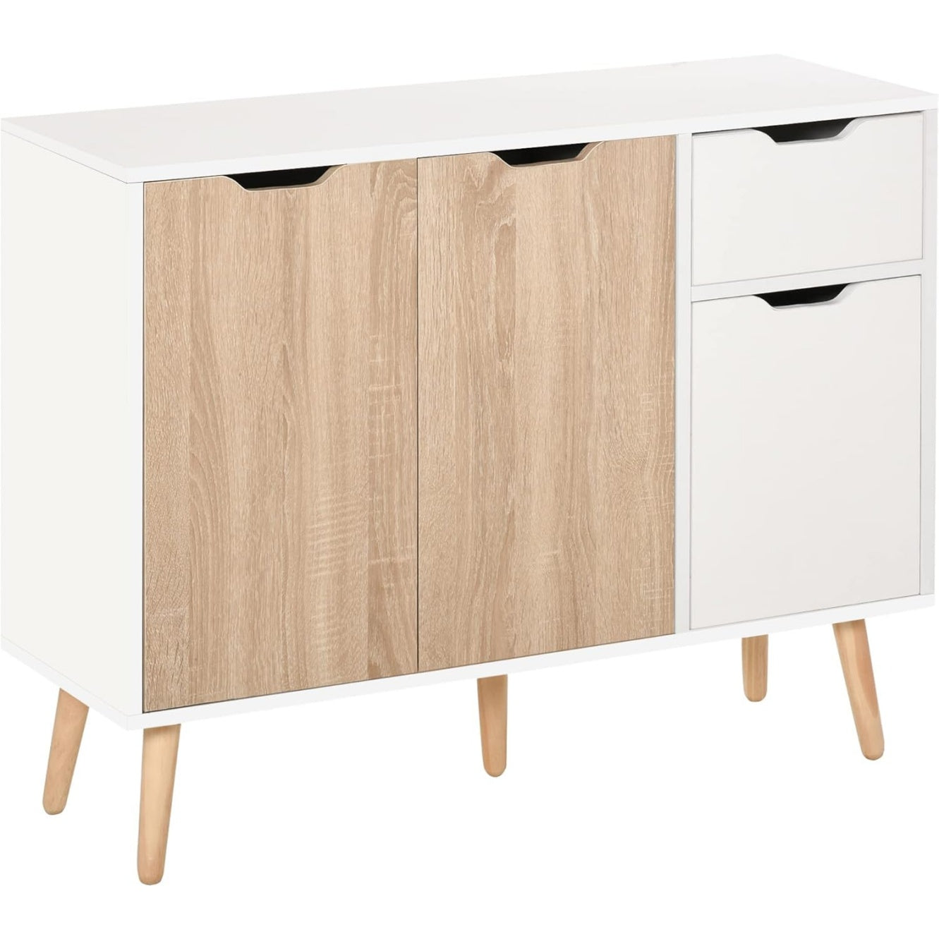 Meuble de rangement scandinave avec deux placards, tiroir central et pieds en pin massif, blanc et chene clair