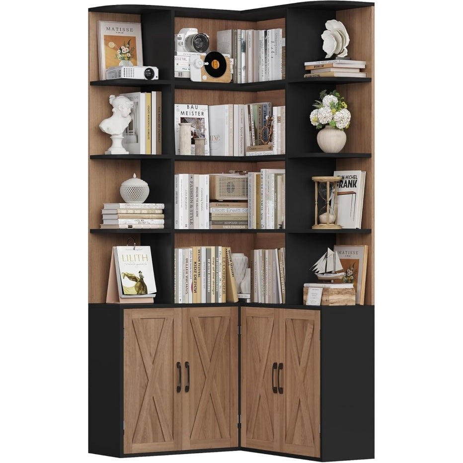 Bibliotheque d'angle 187 cm avec porte et dix-sept etageres, finition noir et ch¨ºne