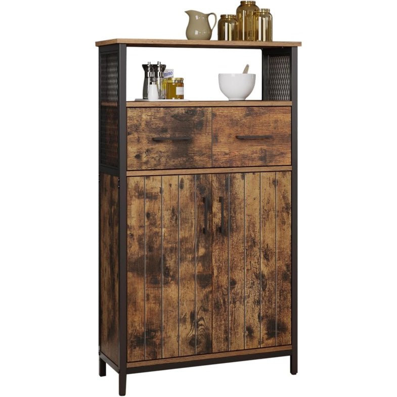 Buffet industriel avec tiroir, porte et etagere reglable, meuble de rangement polyvalent pour cuisine, salle de bain ou salon, marron rustique et noir