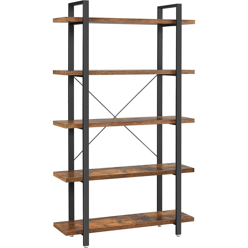 Bibliotheque industrielle 5 niveaux avec structure en acier, etagere de rangement ouverte 105 x 33,5 x 177,5 cm, marron rustique