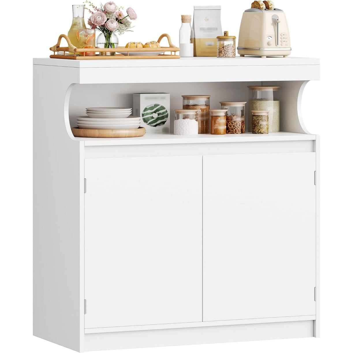 Buffet moderne blanc avec deux portes, niche ouverte et etageres reglables pour cuisine ou salon