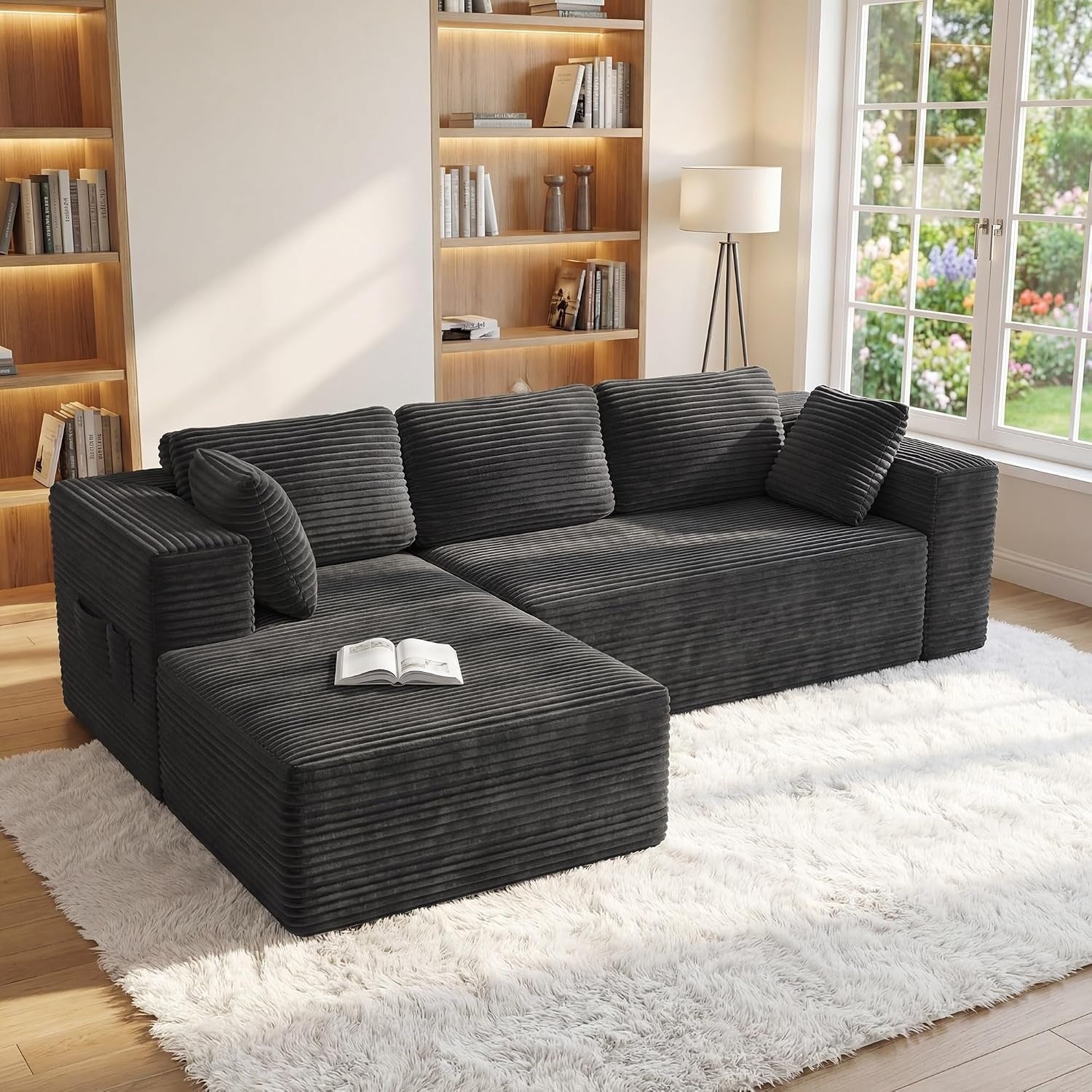Canape dangle en L 3 places avec meridienne a gauche et coussins, revetement en velours cotele, gris fonce