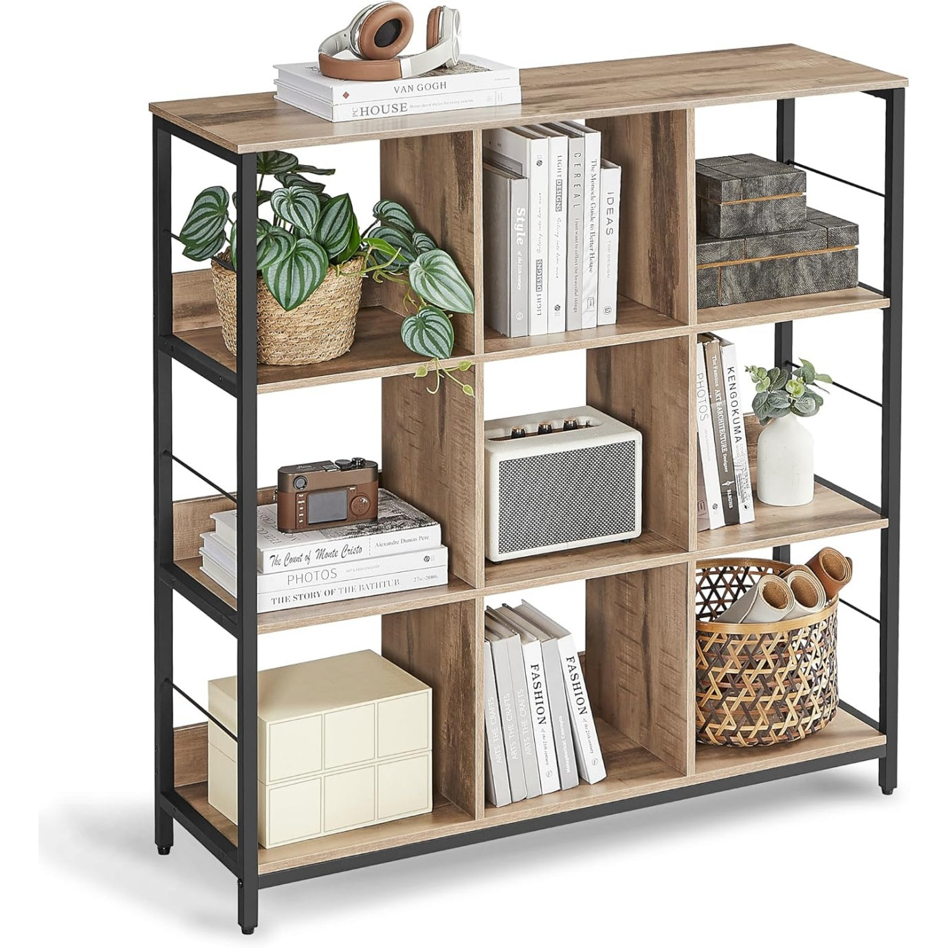 Bibliotheque industrielle a 3 niveaux avec 9 compartiments ouverts, etagere de rangement bois et metal pour salon ou bureau