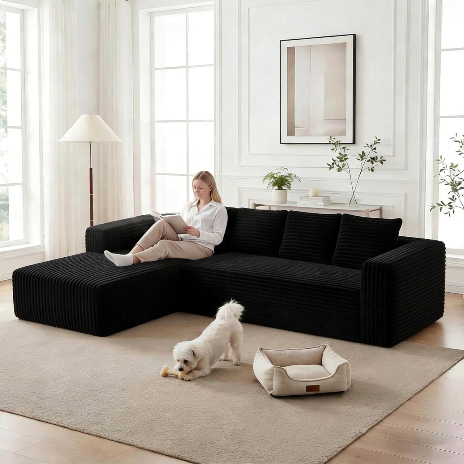 Canape panoramique en L 261 cm avec meridienne, sofa 3 places modulable convertible en lit, installation sans montage, noir