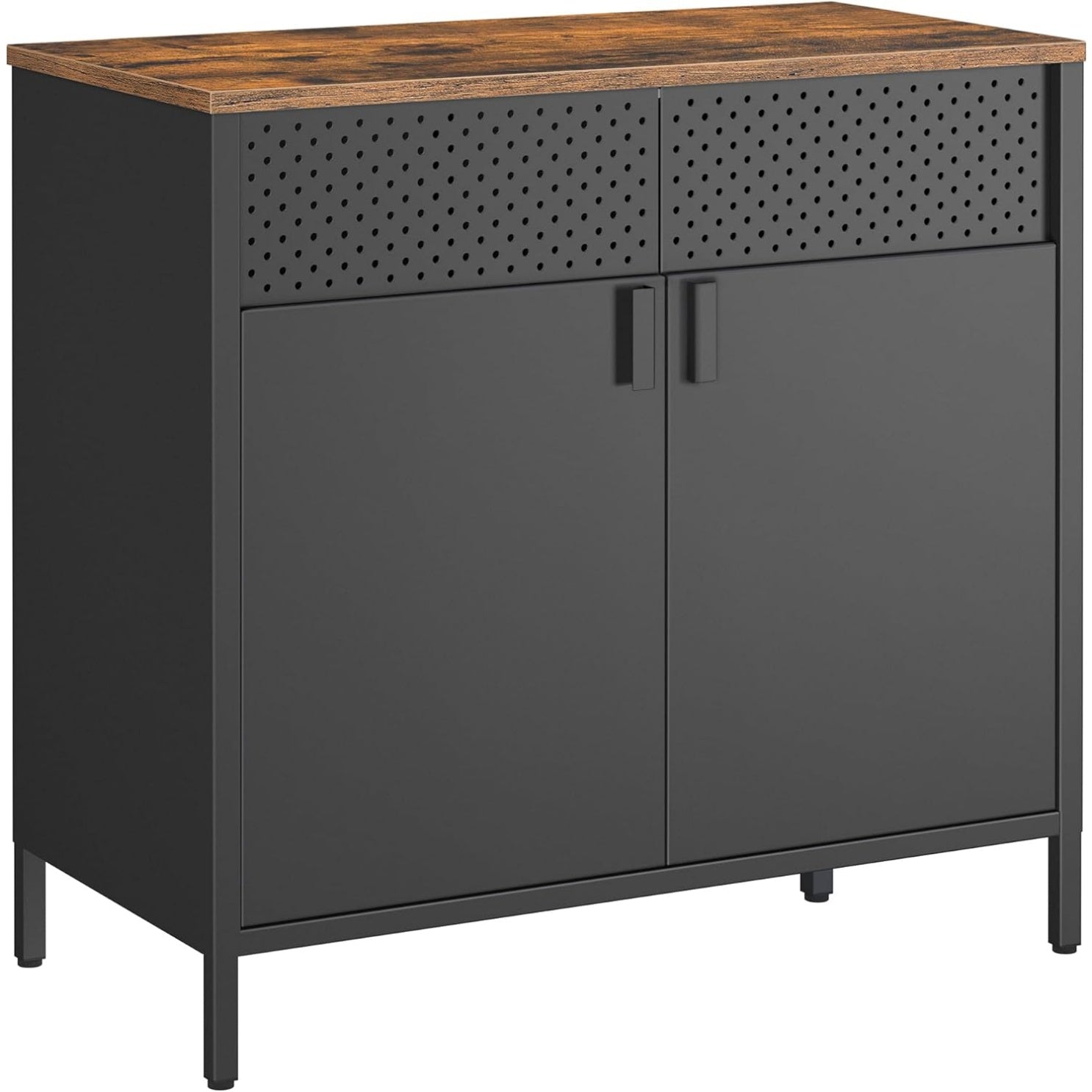 Meuble de rangement en metal avec 2 portes magnetiques et cadre en acier, finition marron rustique et noir