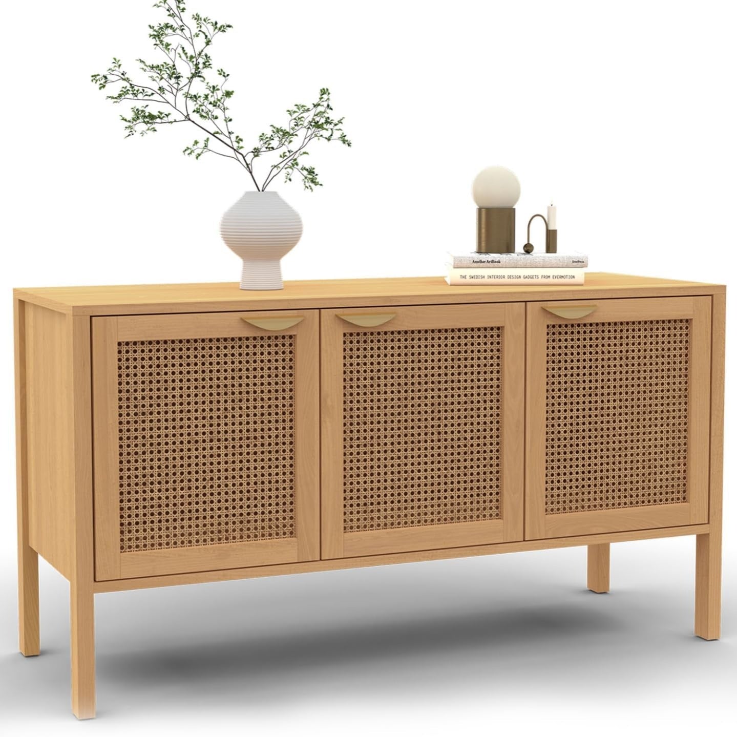Bahut decor bois naturel avec fa?ades en cannage, 3 portes, format 110 cm