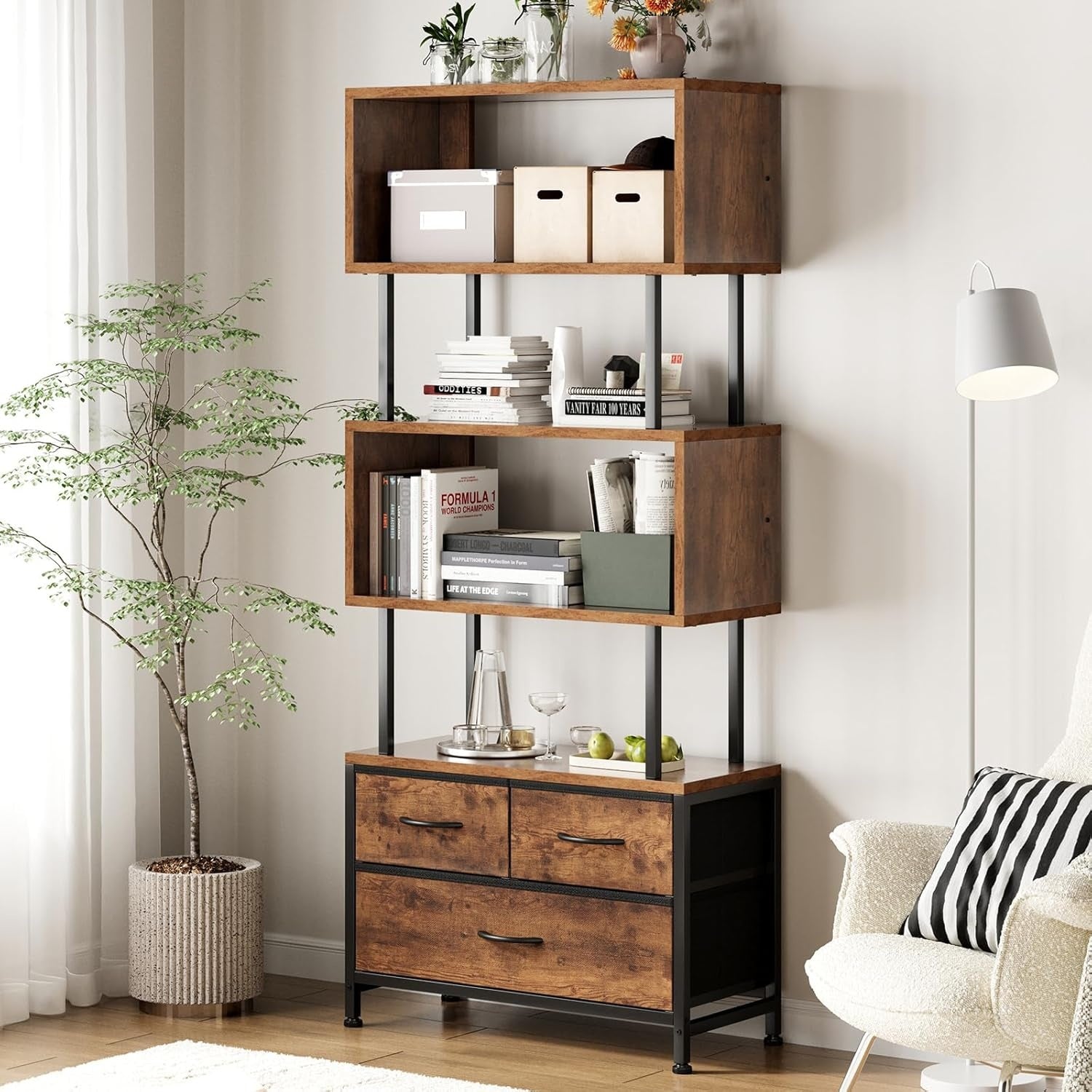 Bibliotheque etroite a 5 niveaux avec 3 tiroirs en tissu, etagere de rangement pour chambre, bureau ou salon, style retro