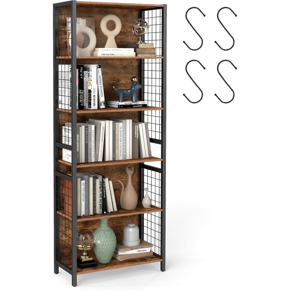 Bibliotheque 6 niveaux avec 4 crochets en S et cadre en acier, meuble de rangement pour bureau ou salon, marron rustique et noir