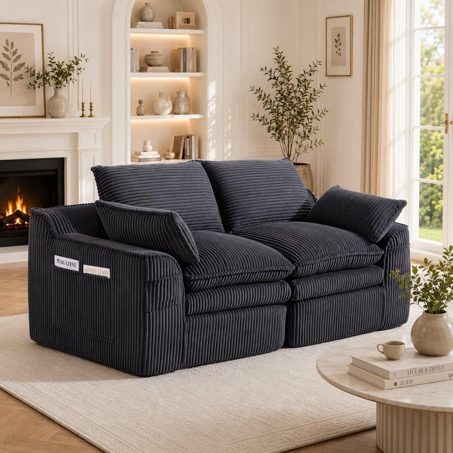 Canape modulable en velours c?tele avec assise profonde, structure renforcee et poches laterales