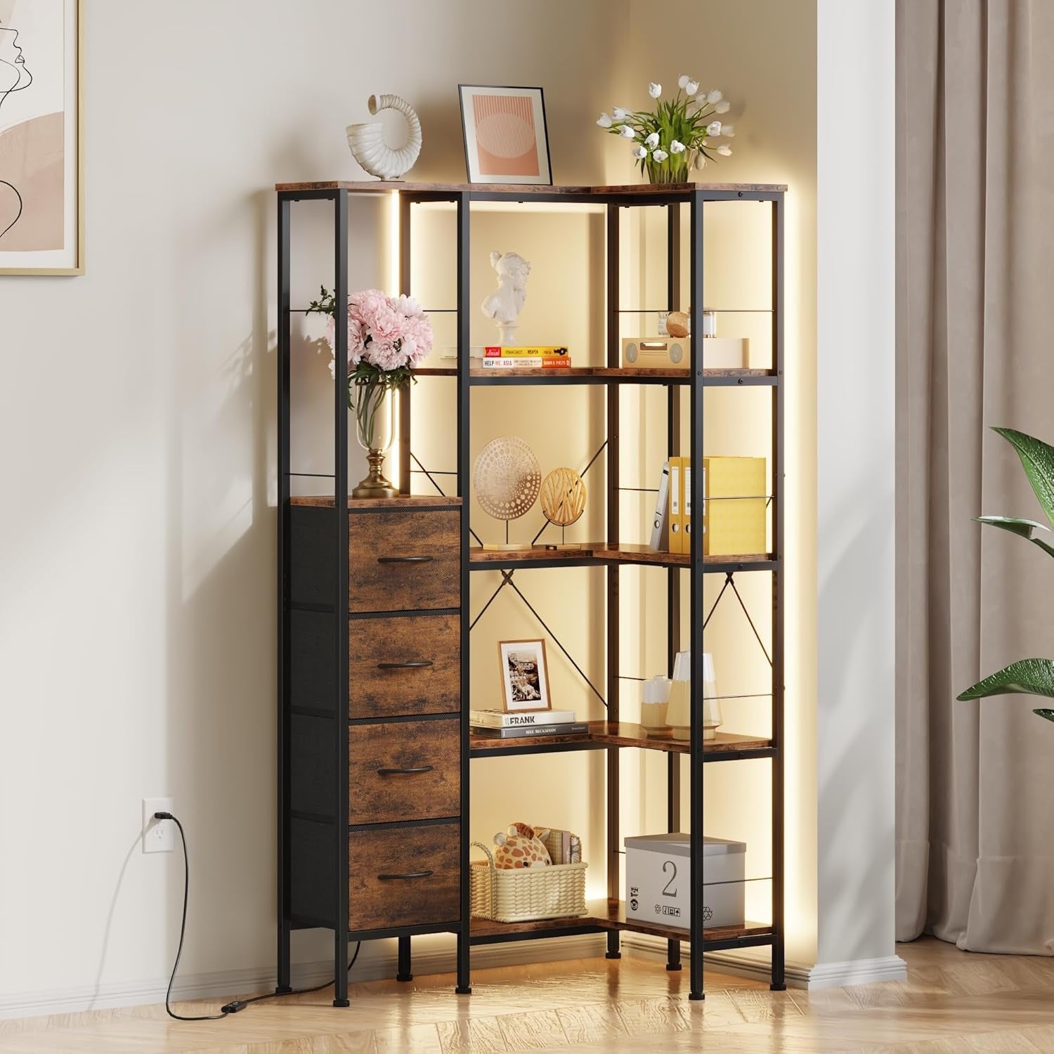 Bibliotheque dangle 5 niveaux avec eclairage LED et 4 tiroirs en tissu, meuble industriel marron rustique pour salon ou bureau